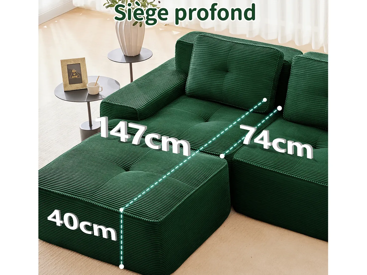 Sofá Modular 3 lugares em Veludo cotelê, com 3 almofadas, assento extra profundo 74cm, 293x104x69cm, Verde