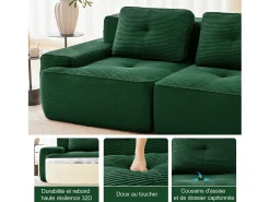 Sofá Modular 3 lugares em Veludo cotelê, com 3 almofadas, assento extra profundo 74cm, 293x104x69cm, Verde
