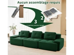 Sofá Modular 3 lugares em Veludo cotelê, com 3 almofadas, assento extra profundo 74cm, 293x104x69cm, Verde