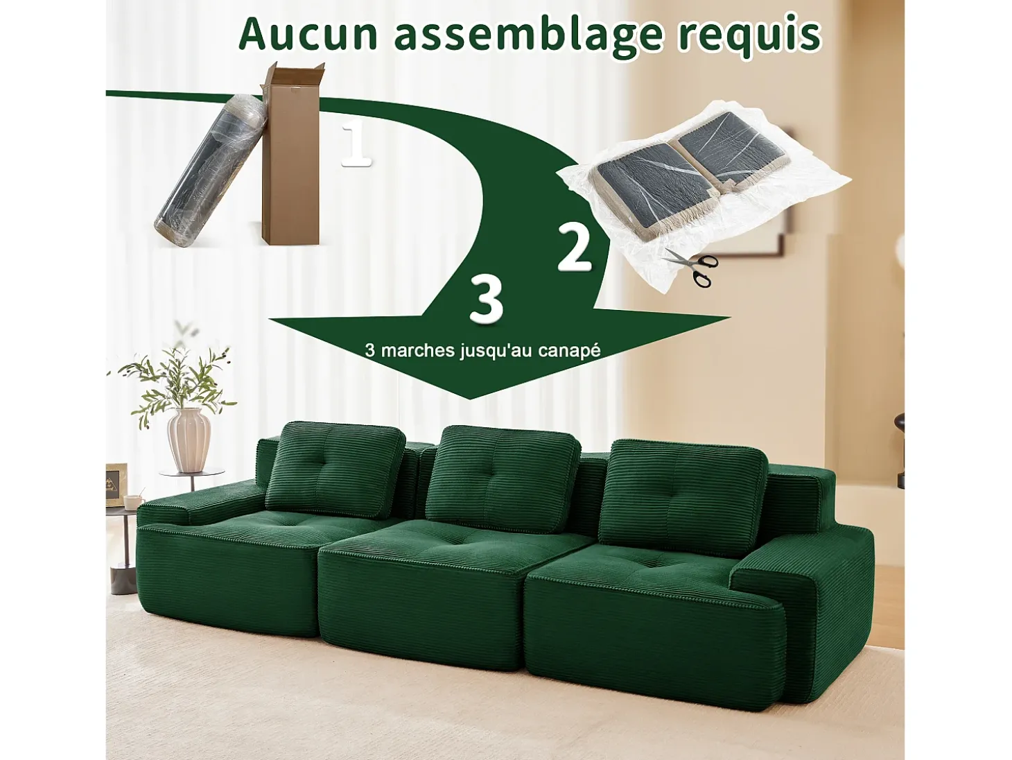 Sofá Modular 3 lugares em Veludo cotelê, com 3 almofadas, assento extra profundo 74cm, 293x104x69cm, Verde