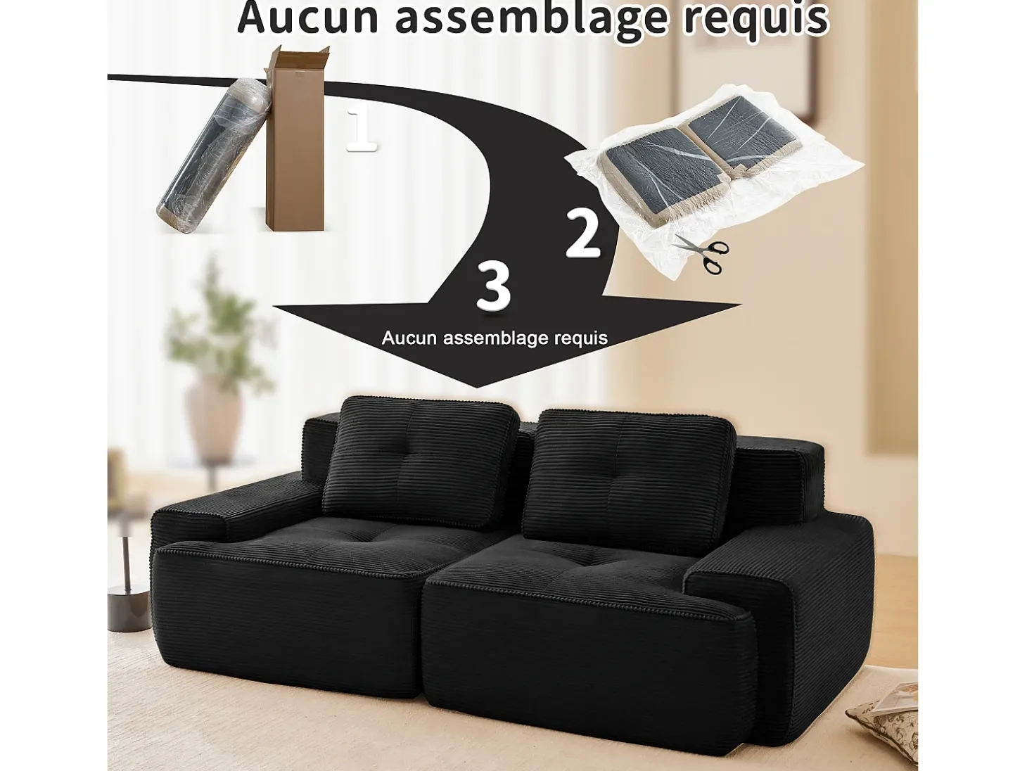 Sofá Modular 2 lugares em Veludo cotelê com 2 almofadas, sem montagem, 204x104x69cm, Preto