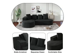 Sofá modular com chaise longue em L, assento profundo, estofamento em espuma comprimida, preto