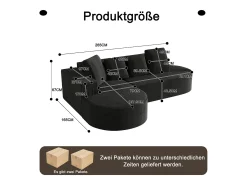 Sofá modular com chaise longue em L, assento profundo, estofamento em espuma comprimida, preto