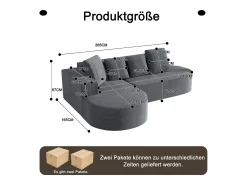 Sofá modular com chaise longue em L, assento profundo, estofamento em espuma comprimida, cor cinza.
