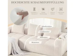 Sofá modular compacto em veludo cotelê com bolsos laterais e almofadas bege.