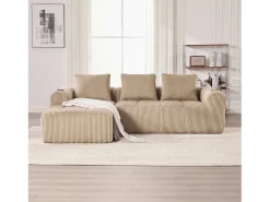 Sofá modular compacto em veludo cotelê com bolsos laterais e almofadas em cáqui - Design moderno e prático para o seu interior.