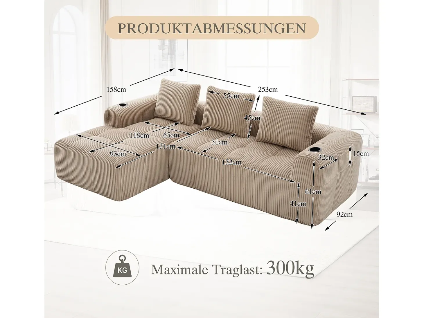Sofá modular compacto em veludo cotelê com bolsos laterais e almofadas, cor cáqui.