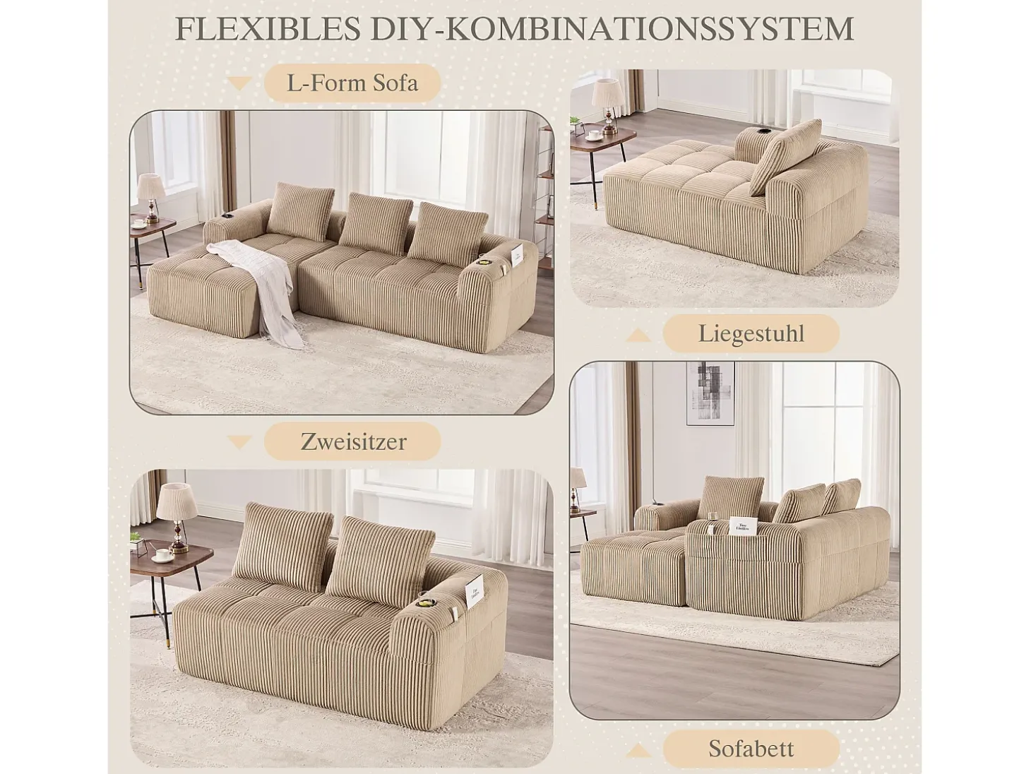 Sofá modular compacto em veludo cotelê com bolsos laterais e almofadas, cor cáqui.