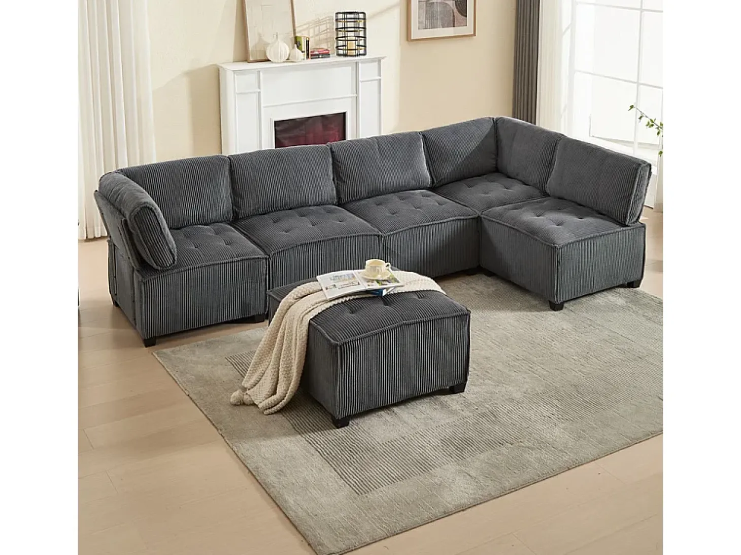 Sofá modular conversível em veludo cinza - 6 lugares - ergonômico - com bolsos de armazenamento - 308x154x82cm