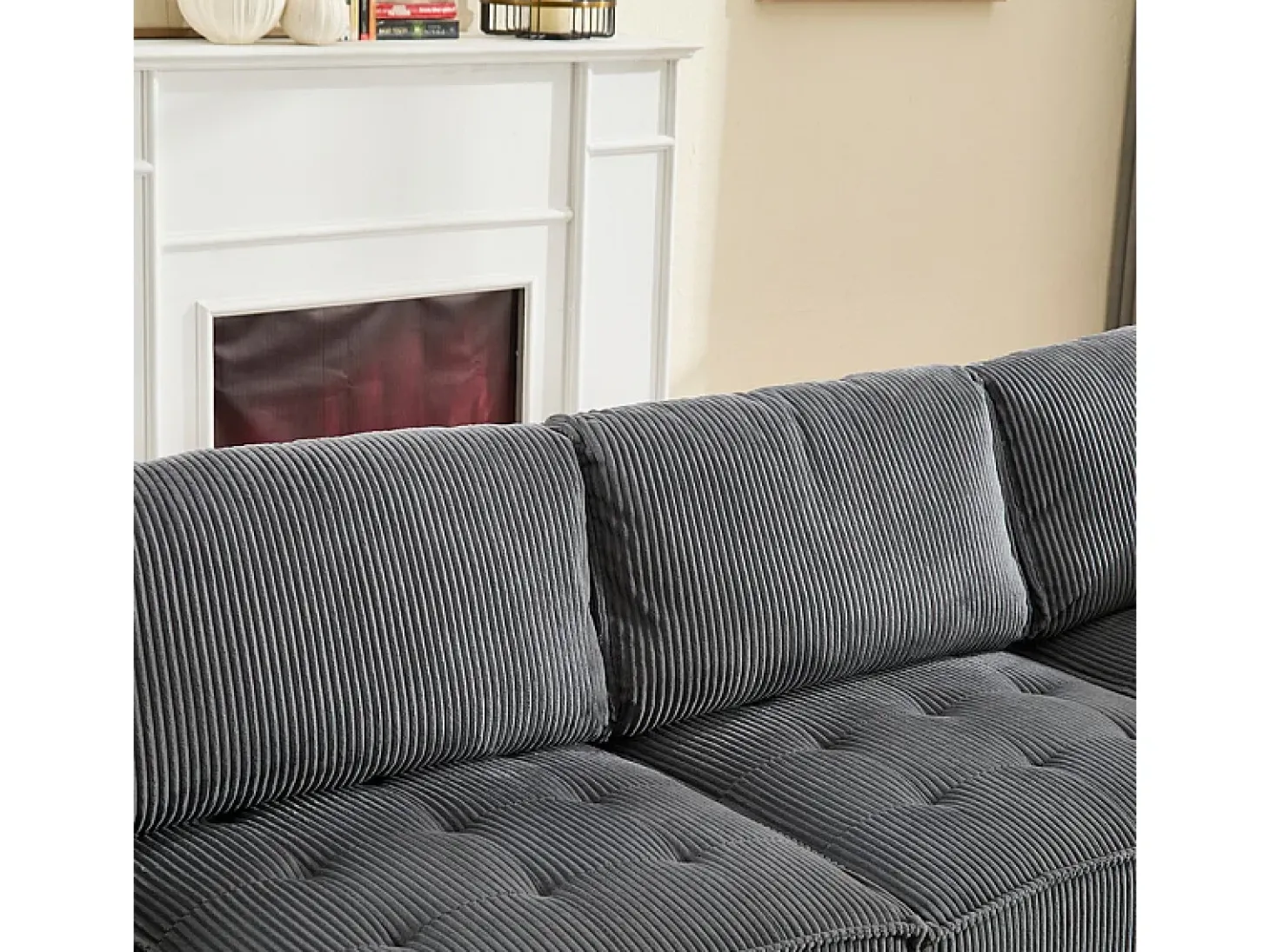 Sofá modular conversível em veludo cinza - 6 lugares - ergonômico - com bolsos de armazenamento - 308x154x82cm