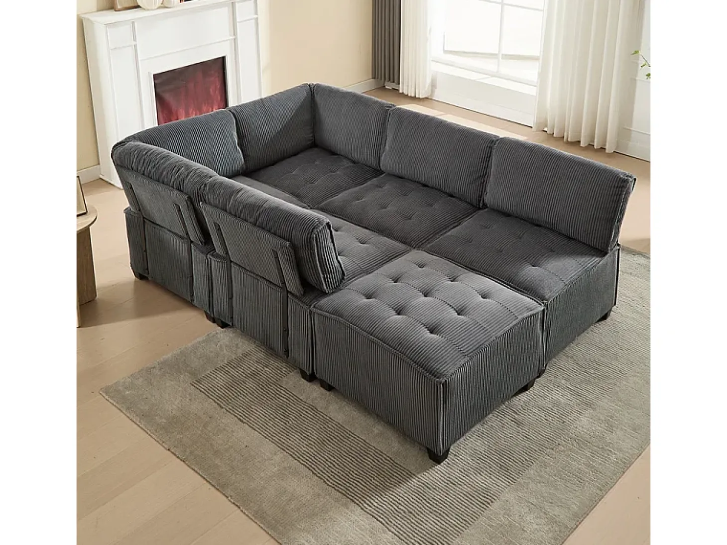 Sofá modular conversível em veludo cinza - 6 lugares - ergonômico - com bolsos de armazenamento - 308x154x82cm