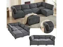 Sofá modular conversível em veludo cinza - 6 lugares - ergonômico - com bolsos de armazenamento - 308x154x82cm