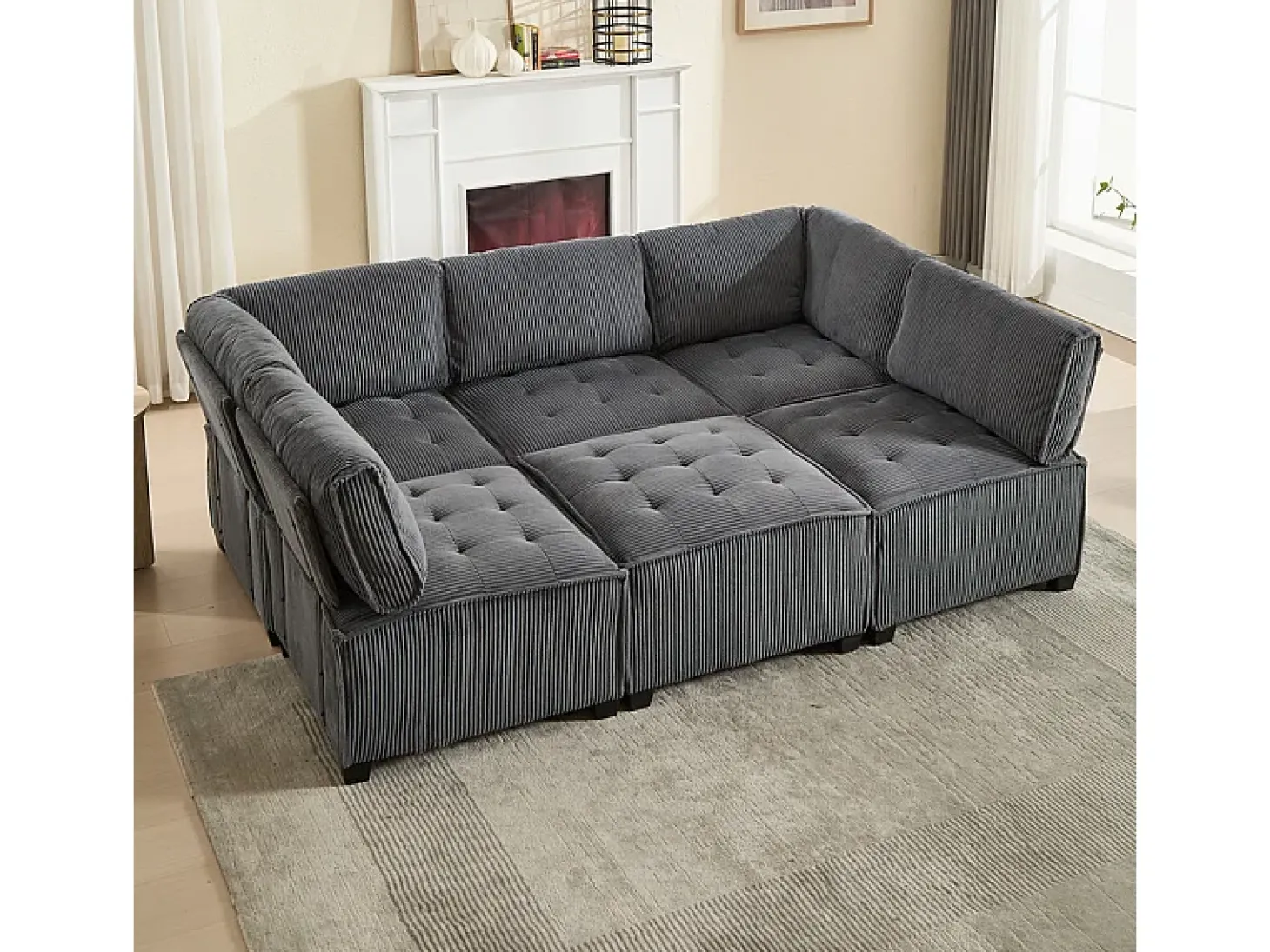 Sofá modular conversível em veludo cinza - 6 lugares - ergonômico - com bolsos de armazenamento - 308x154x82cm