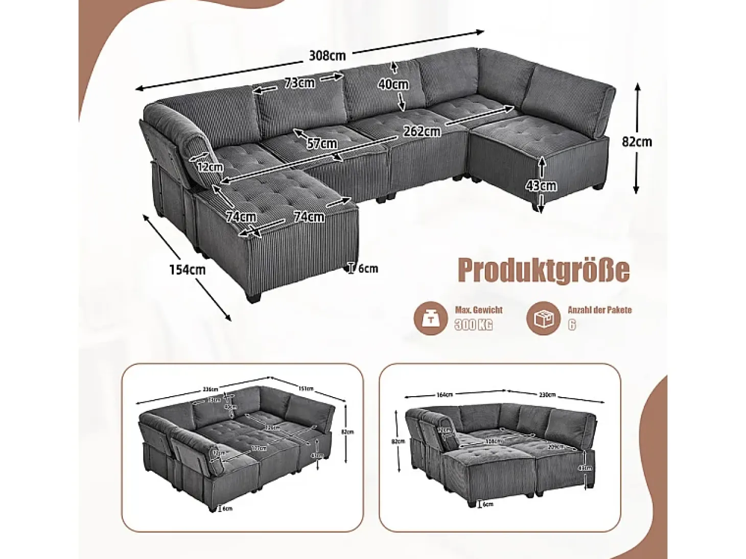 Sofá modular conversível em veludo cinza - 6 lugares - ergonômico - com bolsos de armazenamento - 308x154x82cm