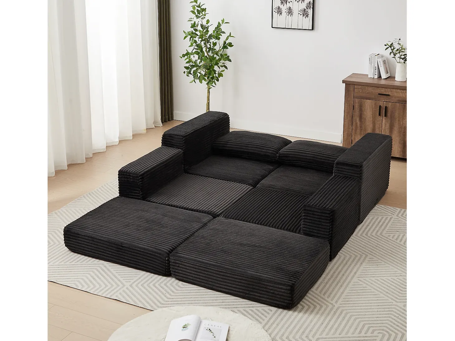 Sofá modular convertível de 2 lugares com pufes amovíveis - Veludo cotelê preto