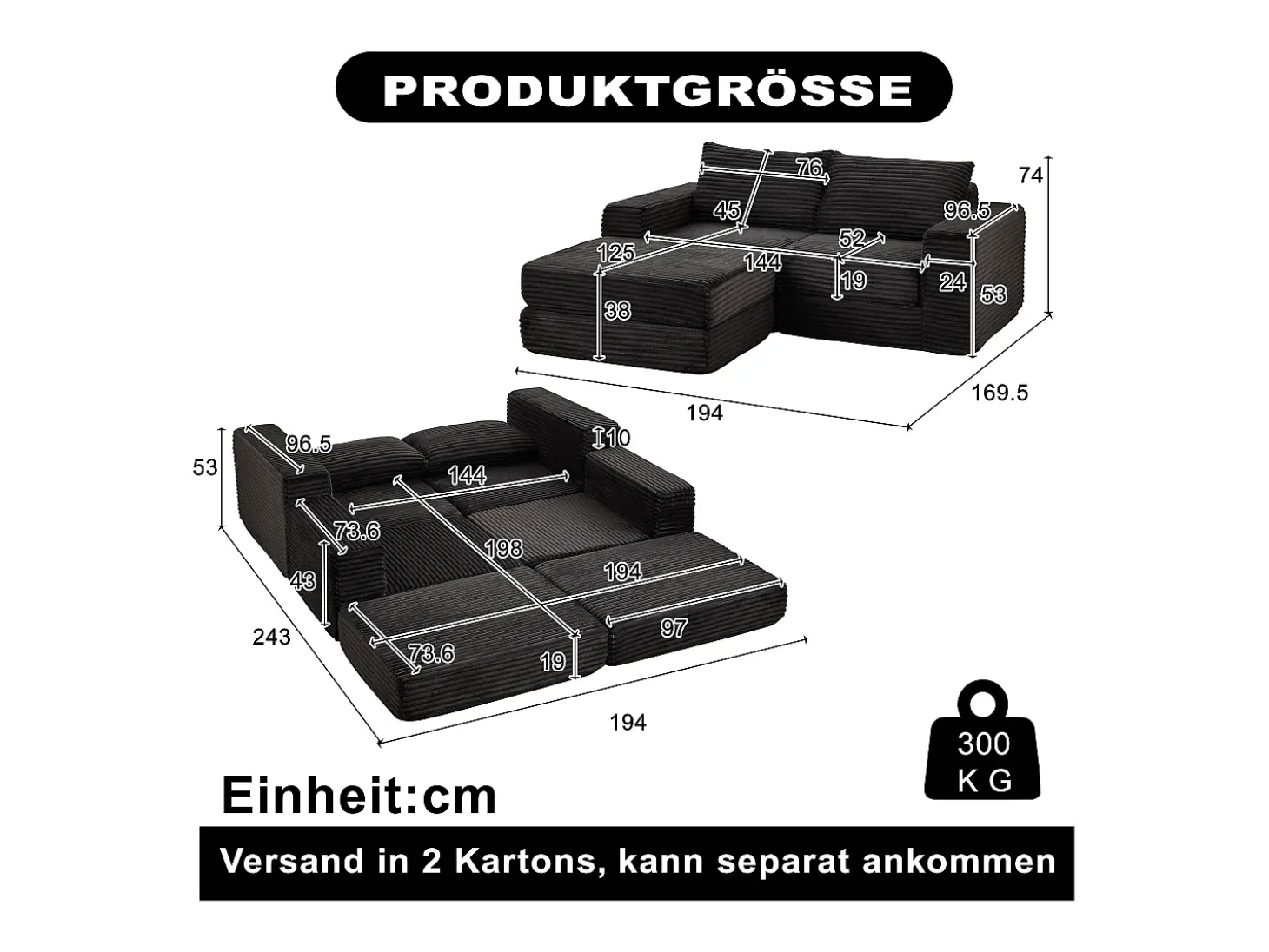 Sofá modular convertível de 2 lugares com pufes amovíveis - Veludo cotelê preto