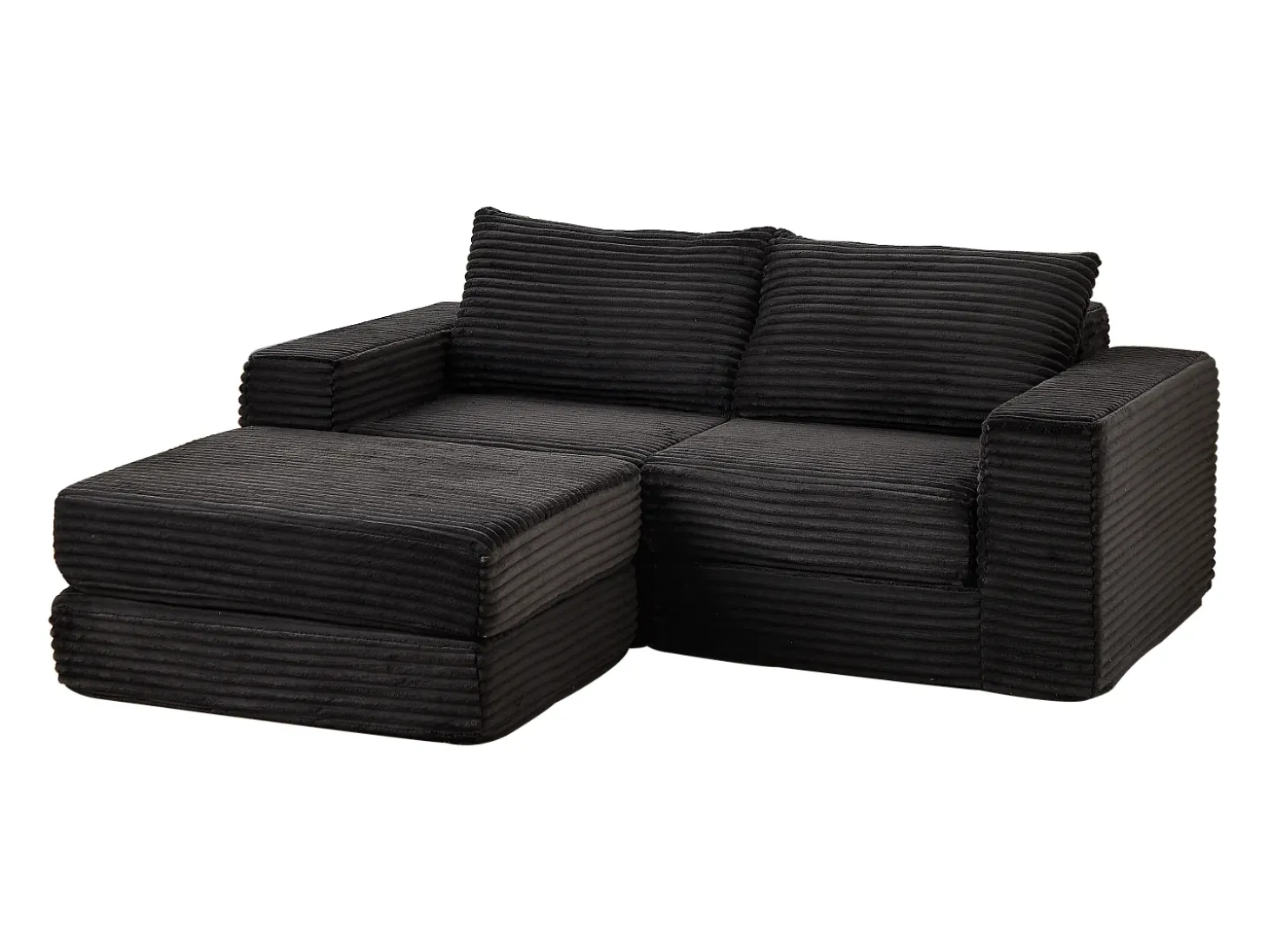 Sofá modular convertível de 2 lugares com pufes amovíveis - Veludo cotelê preto