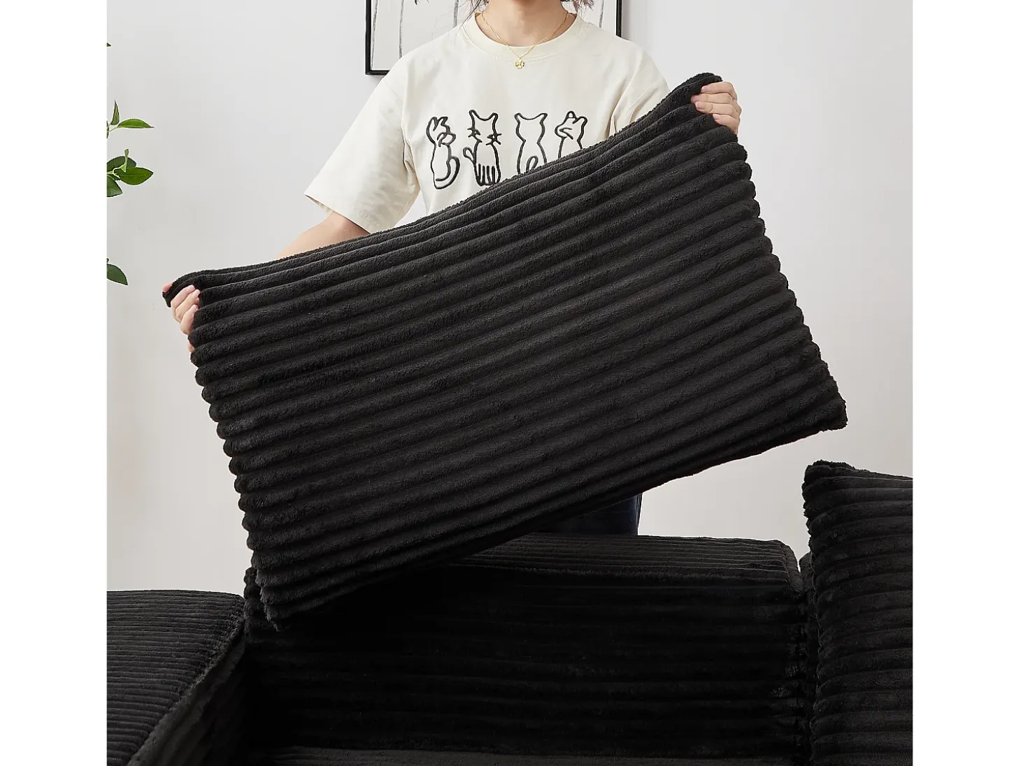 Sofá modular convertível de 2 lugares com pufes amovíveis - Veludo cotelê preto