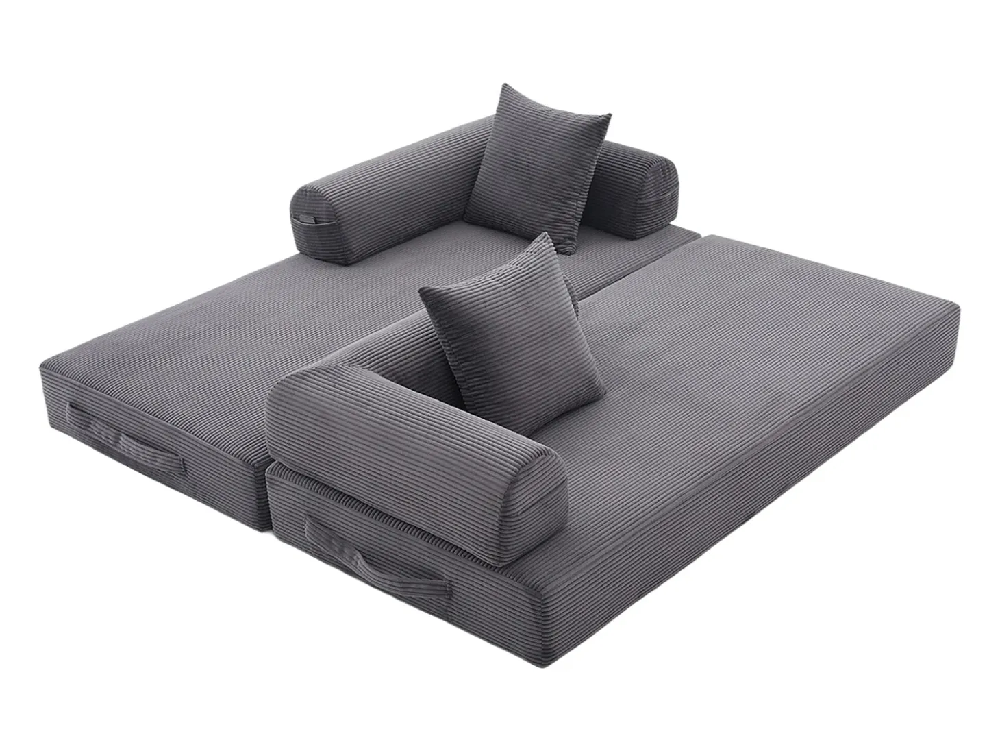 Sofá modular convertível de 3 lugares com 3 almofadas e bolso lateral - Veludo cotelê cinzento escuro
