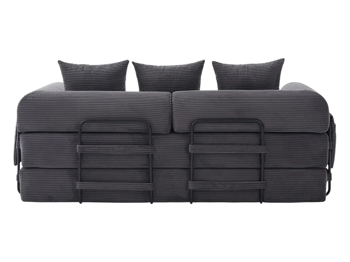 Sofá modular convertível de 3 lugares com 3 almofadas e bolso lateral - Veludo cotelê cinzento escuro