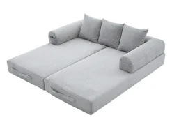 Sofá modular convertível de 3 lugares com 3 almofadas e bolso lateral - Veludo cotelê cinza claro