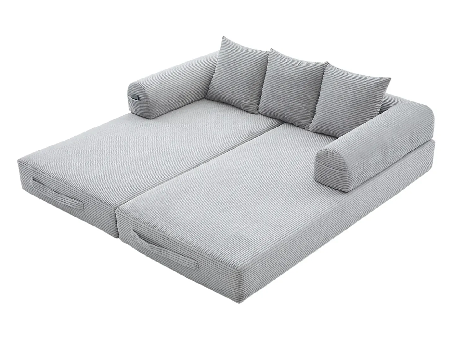 Sofá modular convertível de 3 lugares com 3 almofadas e bolso lateral - Veludo cotelê cinza claro