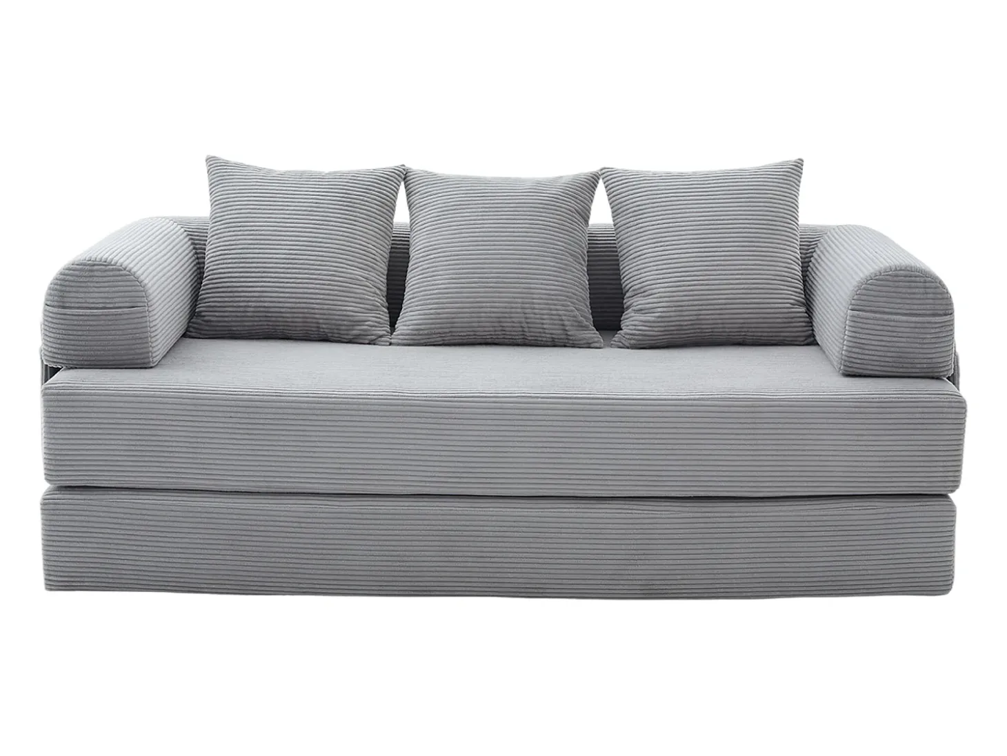 Sofá modular convertível de 3 lugares com 3 almofadas e bolso lateral - Veludo cotelê cinza claro