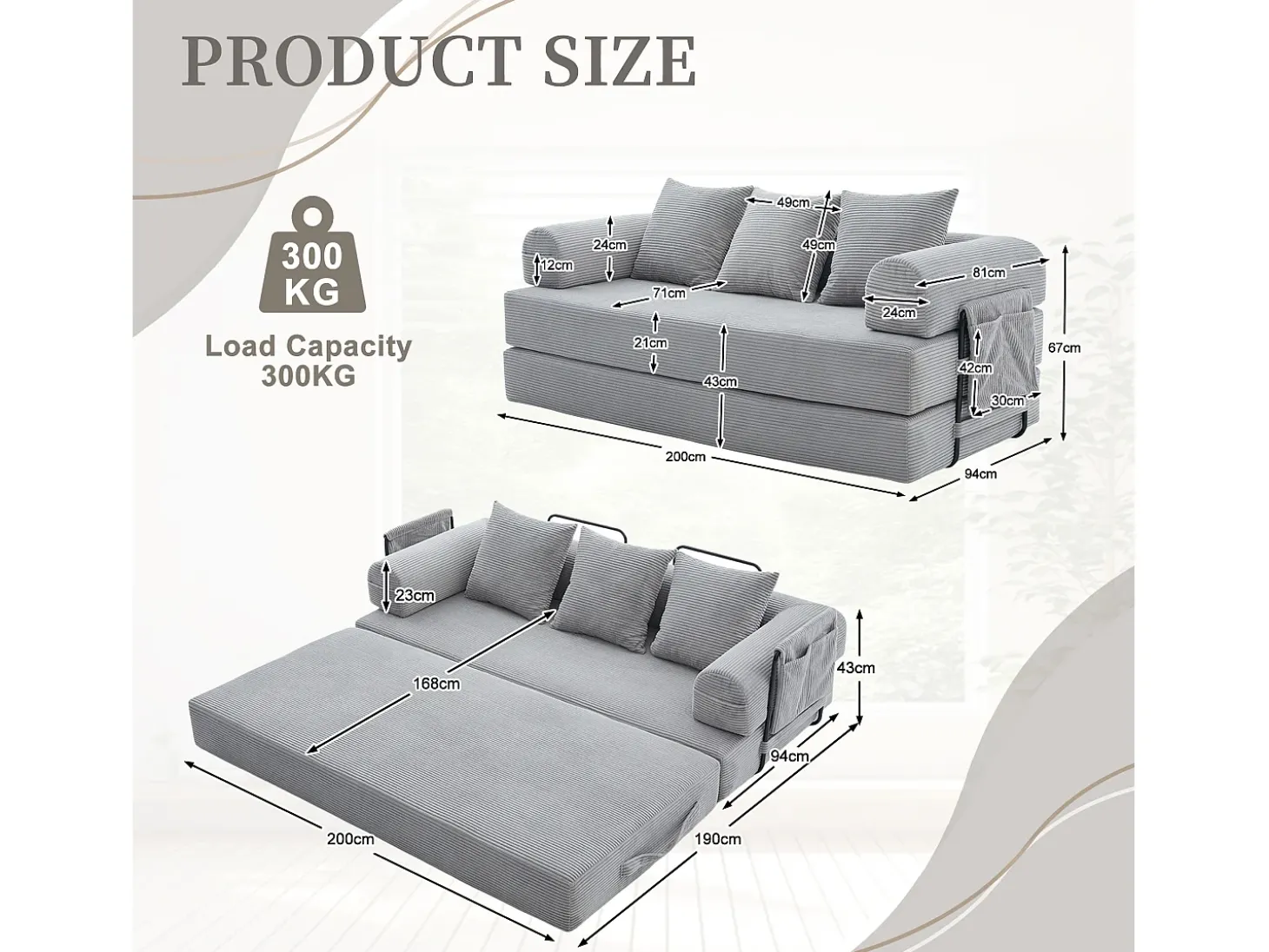 Sofá modular convertível de 3 lugares com 3 almofadas e bolso lateral - Veludo cotelê cinza claro