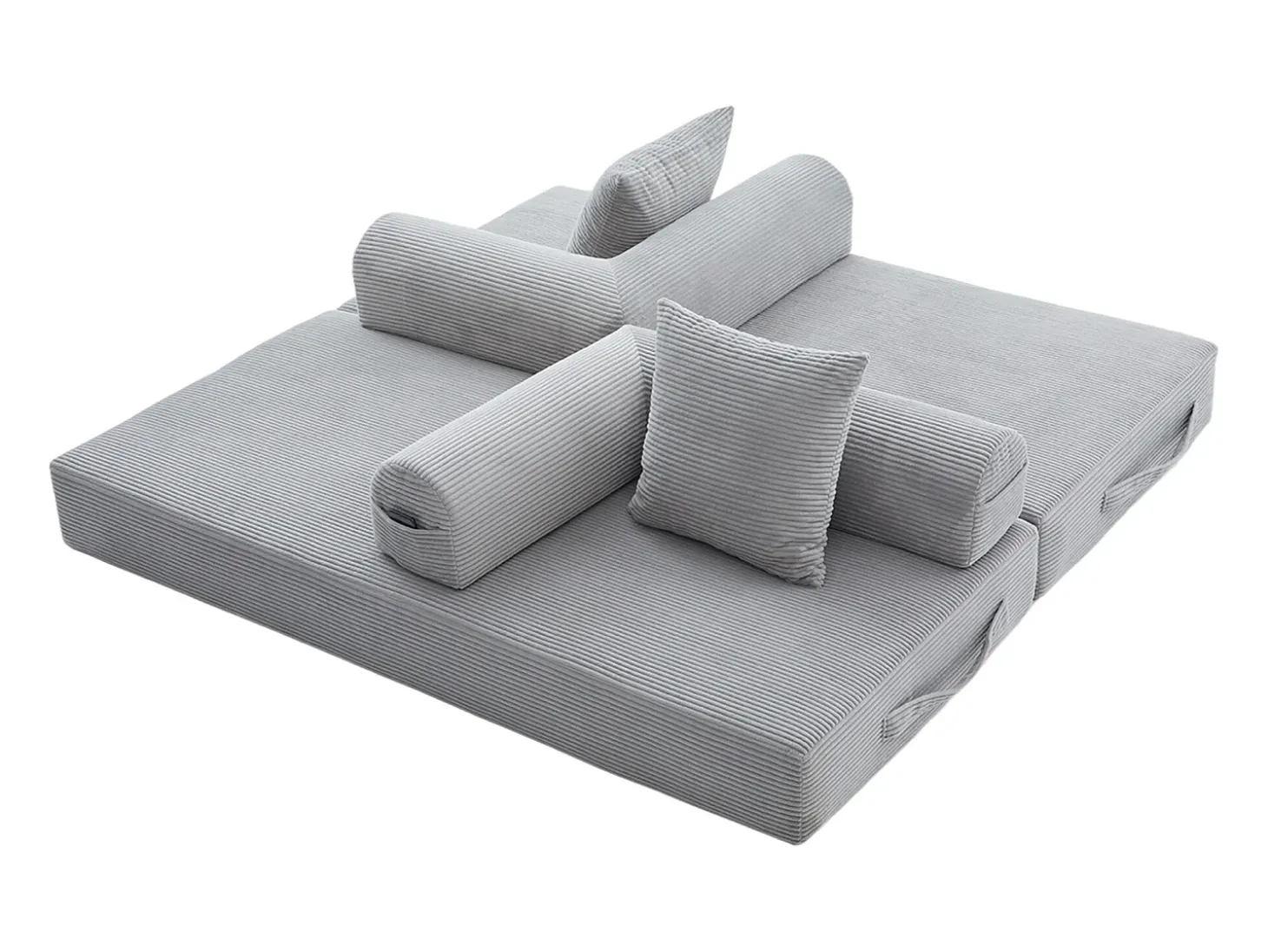Sofá modular convertível de 3 lugares com 3 almofadas e bolso lateral - Veludo cotelê cinza claro