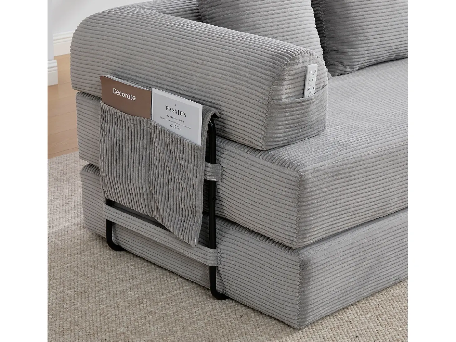 Sofá modular convertível de 3 lugares com 3 almofadas e bolso lateral - Veludo cotelê cinza claro