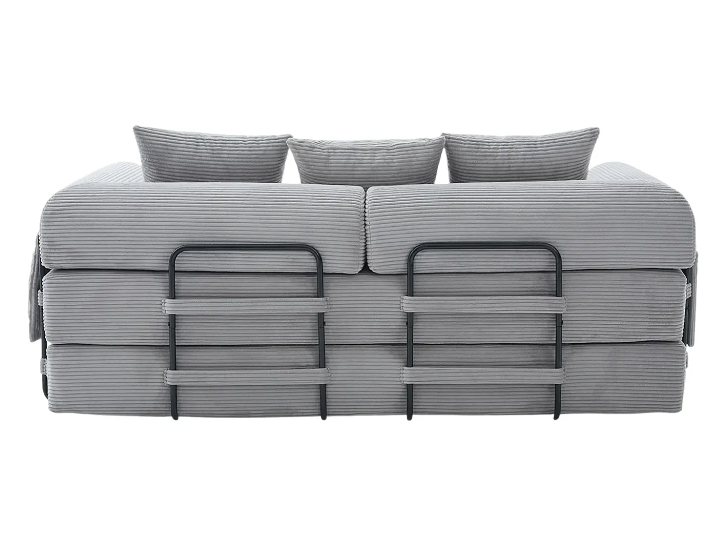 Sofá modular convertível de 3 lugares com 3 almofadas e bolso lateral - Veludo cotelê cinza claro