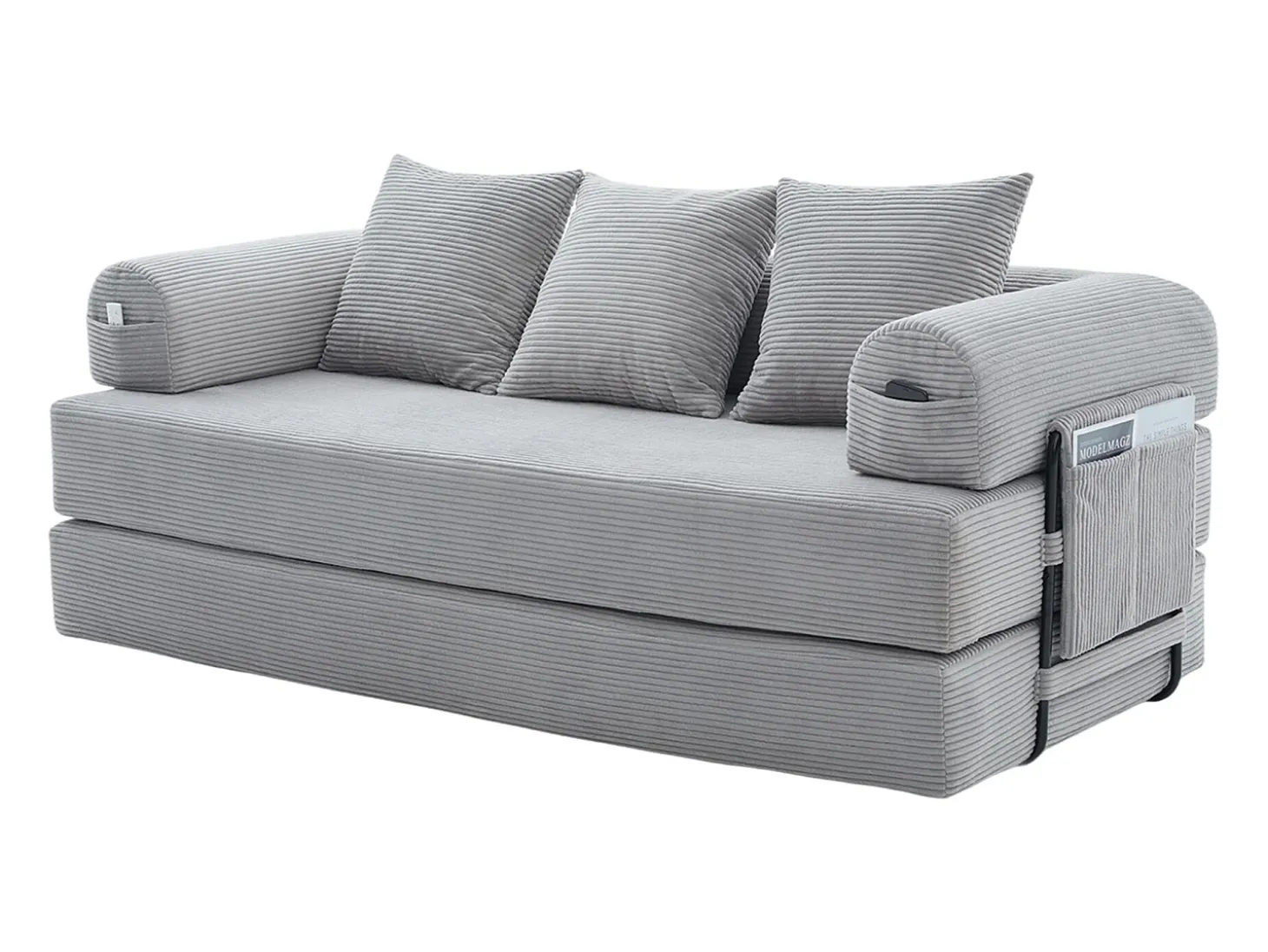 Sofá modular convertível de 3 lugares com 3 almofadas e bolso lateral - Veludo cotelê cinza claro