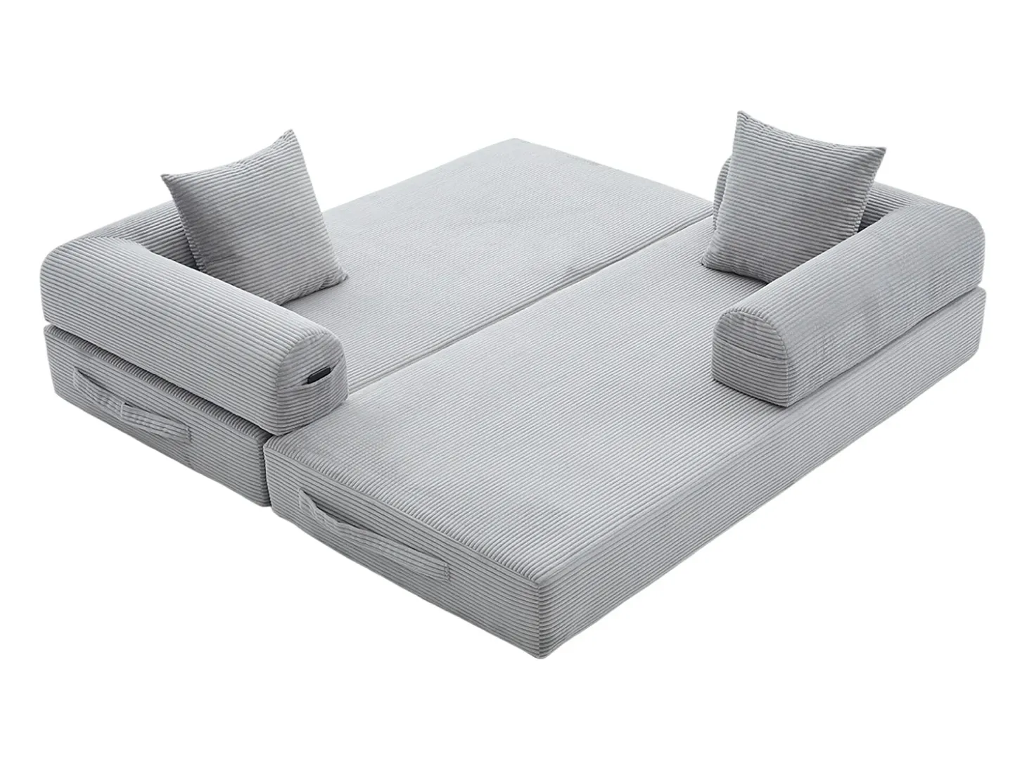 Sofá modular convertível de 3 lugares com 3 almofadas e bolso lateral - Veludo cotelê cinza claro