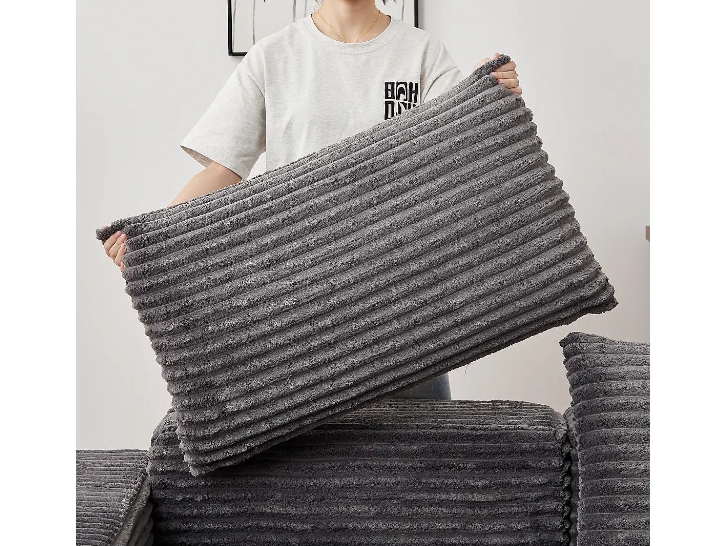 Sofá modular convertível de 2 lugares com pufes amovíveis - Veludo cotelê cinzento