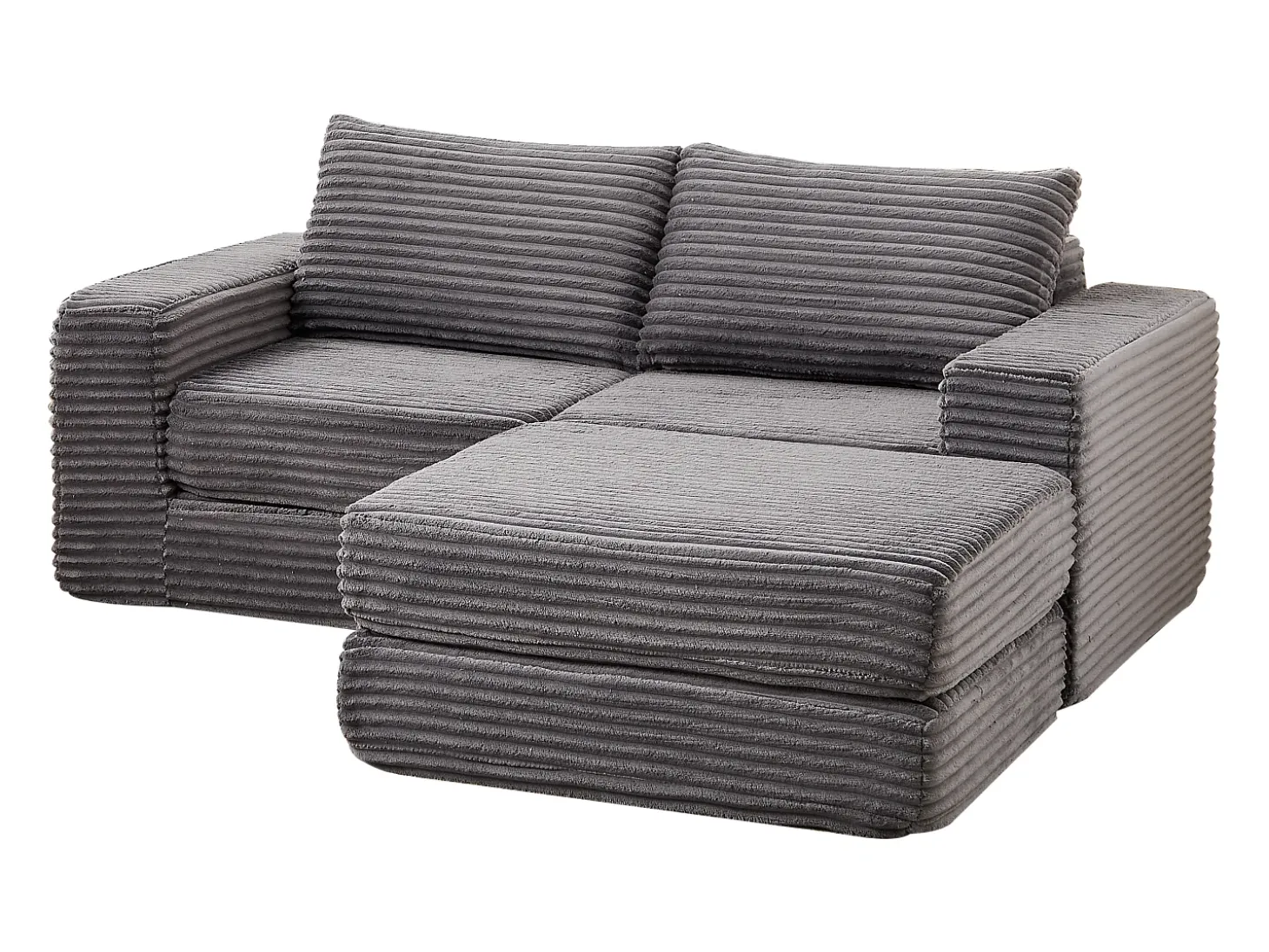 Sofá modular convertível de 2 lugares com pufes amovíveis - Veludo cotelê cinzento