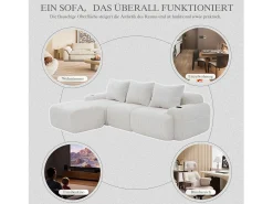 Sofá modular de 3 lugares - 268 x 174 x 80 cm - com 1 pufe + porta-copos + bolso de arrumação - veludo - bege