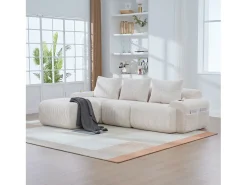 Sofá modular de 3 lugares - 268 x 174 x 80 cm - com 1 pufe + porta-copos + bolso de arrumação - veludo - bege