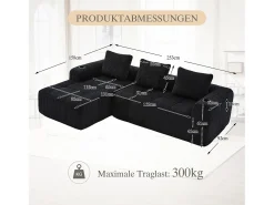 Sofá modular de 4 lugares - 253 x 158 x 61 cm - com bolso lateral + porta-copos + 3 almofadas - veludo - preto