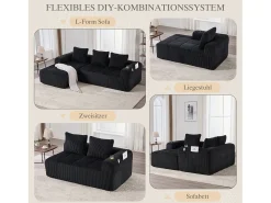 Sofá modular de 4 lugares - 253 x 158 x 61 cm - com bolso lateral + porta-copos + 3 almofadas - veludo - preto