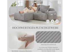 Sofá modular de 2 lugares - 200 x 174 x 80 cm - com 1 pufe + porta-copos + bolso de arrumação - veludo - cinza claro