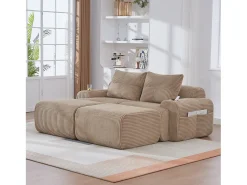 Sofá modular de 2 lugares - 200 x 174 x 80 cm - com 2 pufes + porta-copos + compartimento de arrumação - veludo - cáqui