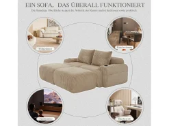 Sofá modular de 2 lugares - 200 x 174 x 80 cm - com 2 pufes + porta-copos + compartimento de arrumação - veludo - cáqui