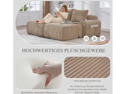 Sofá modular de 2 lugares - 200 x 174 x 80 cm - com 2 pufes + porta-copos + compartimento de arrumação - veludo - cáqui