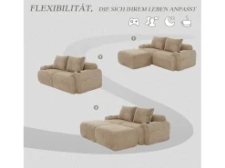 Sofá modular de 2 lugares - 200 x 174 x 80 cm - com 2 pufes + porta-copos + compartimento de arrumação - veludo - cáqui
