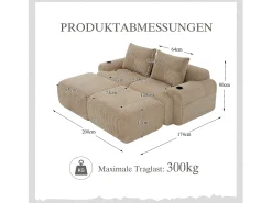 Sofá modular de 2 lugares - 200 x 174 x 80 cm - com 2 pufes + porta-copos + compartimento de arrumação - veludo - cáqui