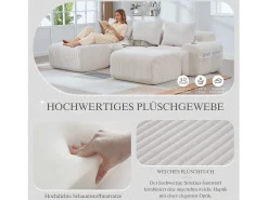 Sofá modular de 3 lugares - 268 x 174 x 80 cm - com 2 pufes + porta-copos + compartimento de arrumação - veludo - bege