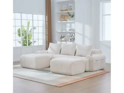 Sofá modular de 3 lugares - 268 x 174 x 80 cm - com 2 pufes + porta-copos + compartimento de arrumação - veludo - bege