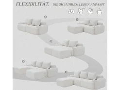 Sofá modular de 3 lugares - 268 x 174 x 80 cm - com 2 pufes + porta-copos + compartimento de arrumação - veludo - bege
