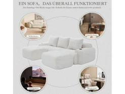 Sofá modular de 3 lugares - 268 x 174 x 80 cm - com 2 pufes + porta-copos + compartimento de arrumação - veludo - bege