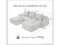 Sofá modular de 3 lugares - 268 x 174 x 80 cm - com 2 pufes + porta-copos + compartimento de arrumação - veludo - bege